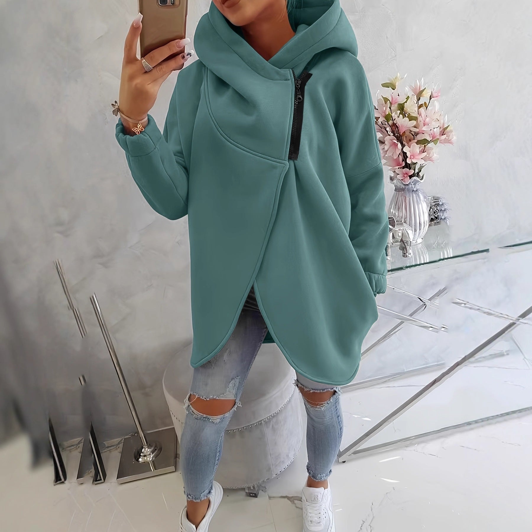 Sweat-shirt casual à capuche noir à manches longues européen et américain avec fron
