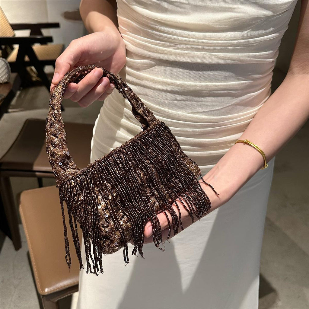 Style chinois Vintage Handmade Solid-black Perle Tassel Tote Bag
