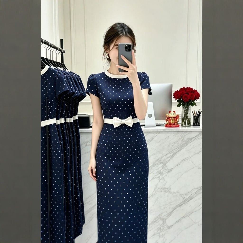 Retro Couleur-bloc Collier Polka-dot Robe longue