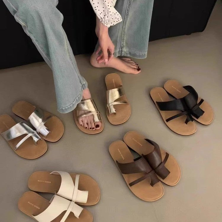 Femmes Minimalist Criss Cross Strap Sandales à glissière plate