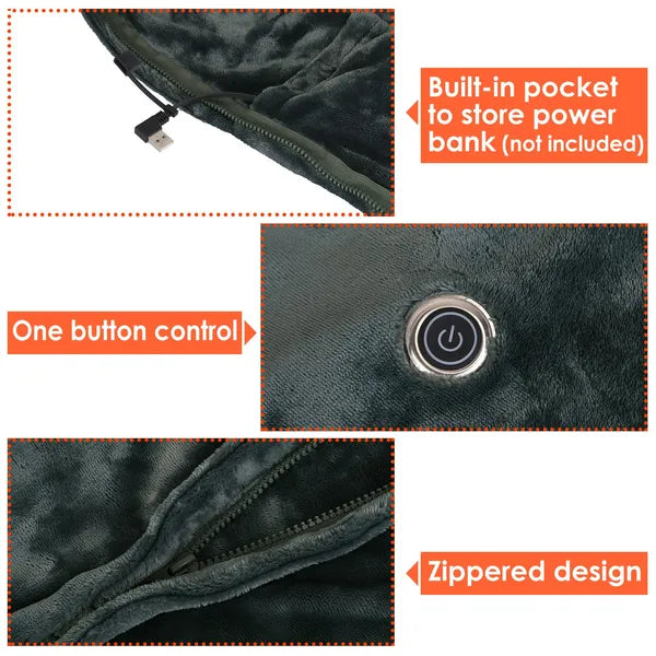 Couverture chauffante USB Couverture chauffante électrique Couverture chauffante Poncho Châle lancer avec fermeture à glissière