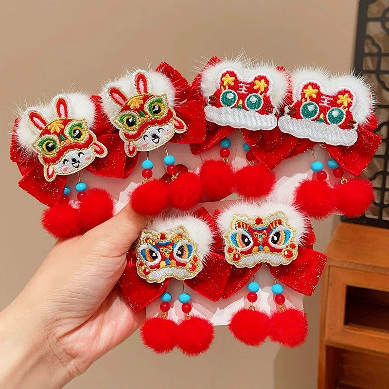 Style chinois Lion danse Bow-tie Tassel Pom-pom Clip cheveux pour les enfants