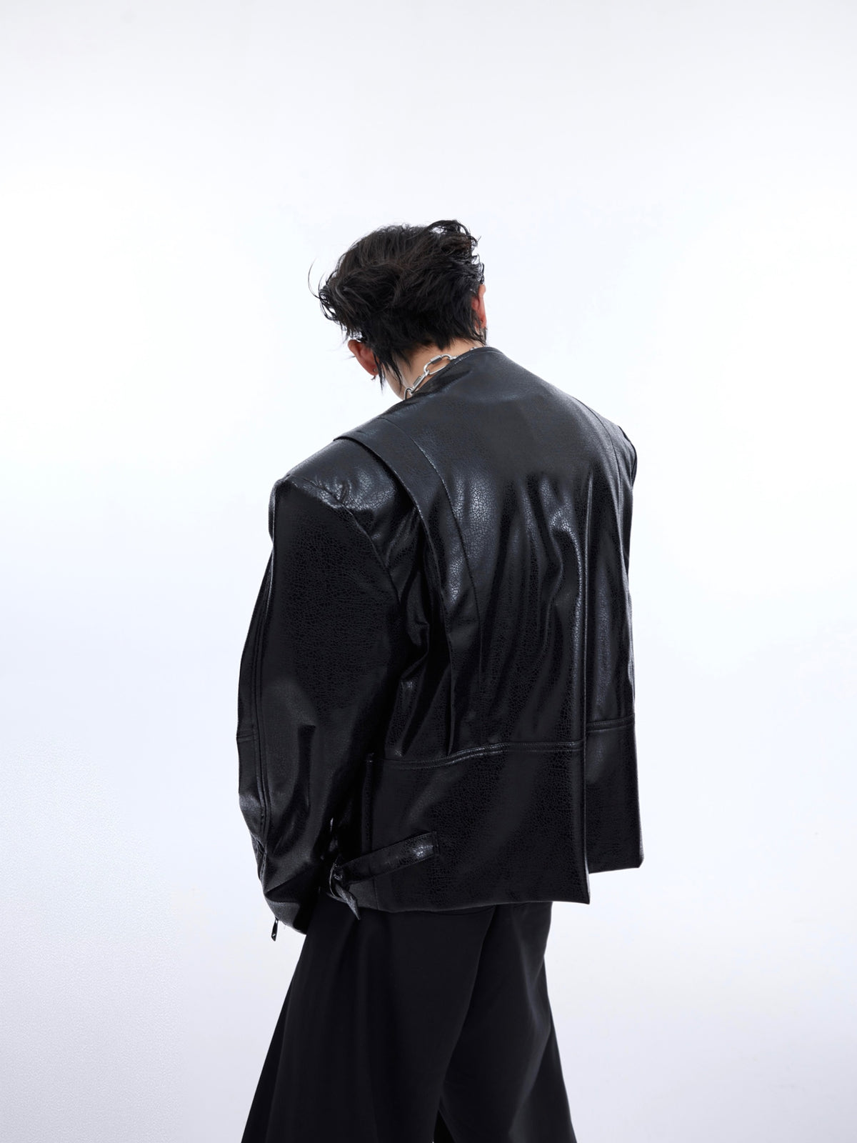 Texture Sensé Épaule rembourrée En Cuir Manteau Hommes