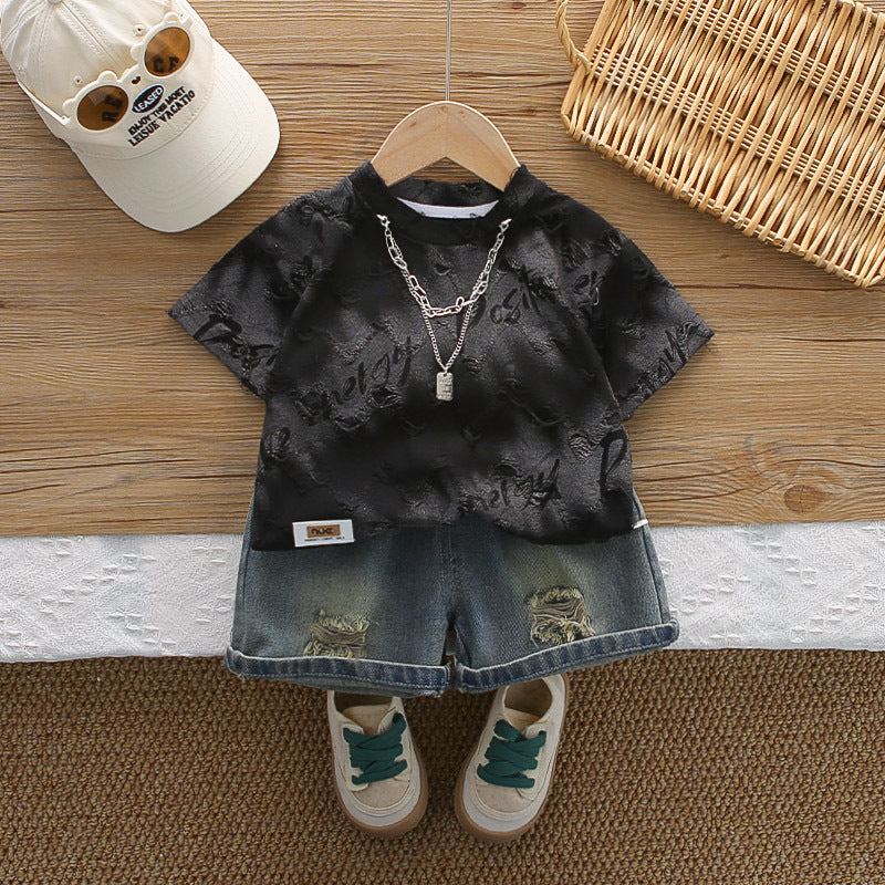 Boys Summer Outfit Stylish Denim Shorts Two-Piece Set