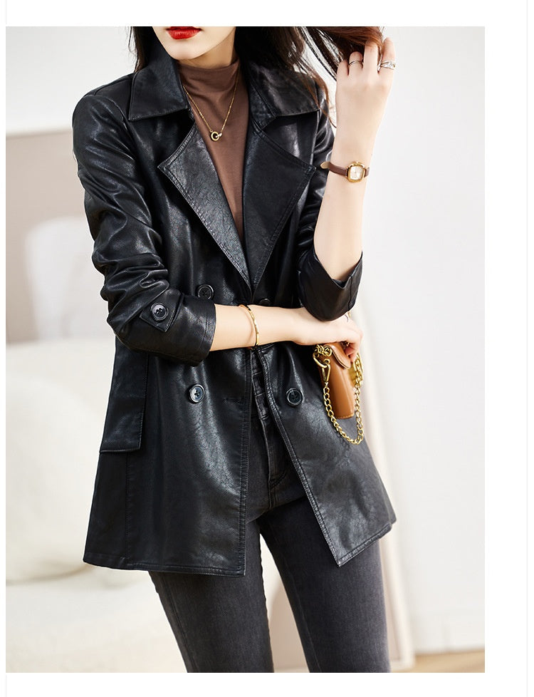 Manteau de cuir mi-long pour femme Printemps et automne