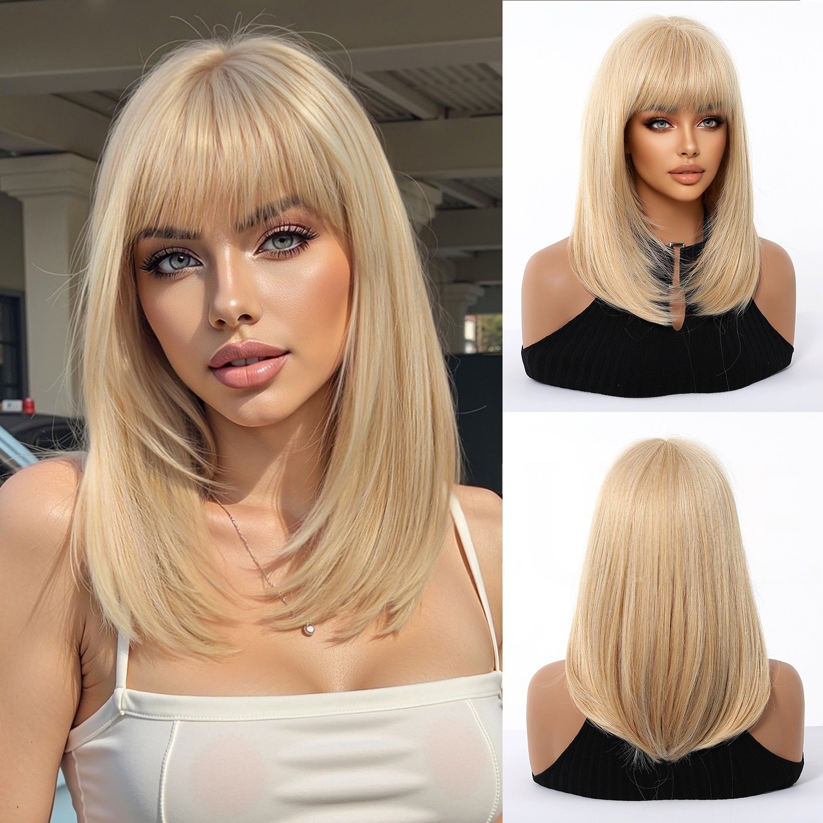 Perruque synthétique haute température pour femmes avec capuchon de cheveux Bangs