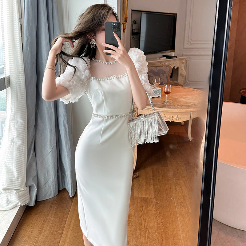 Cou rond Perlé blanc Slim Fit Robe longue