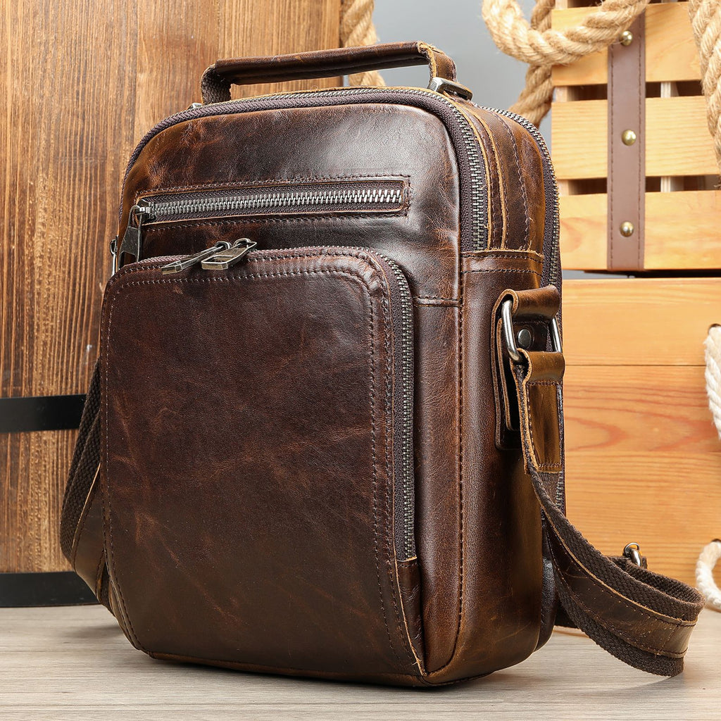 Véritable sac de corps croisé en cuir Hommes Cheval fou Sac d'épaule en cuir multifonctionnel