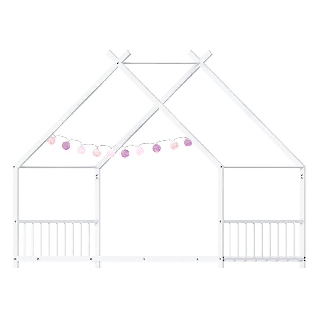 Maison de lit plat blanc en forme avec garde-corps latéraux Lit de fer pour enfants jumeaux