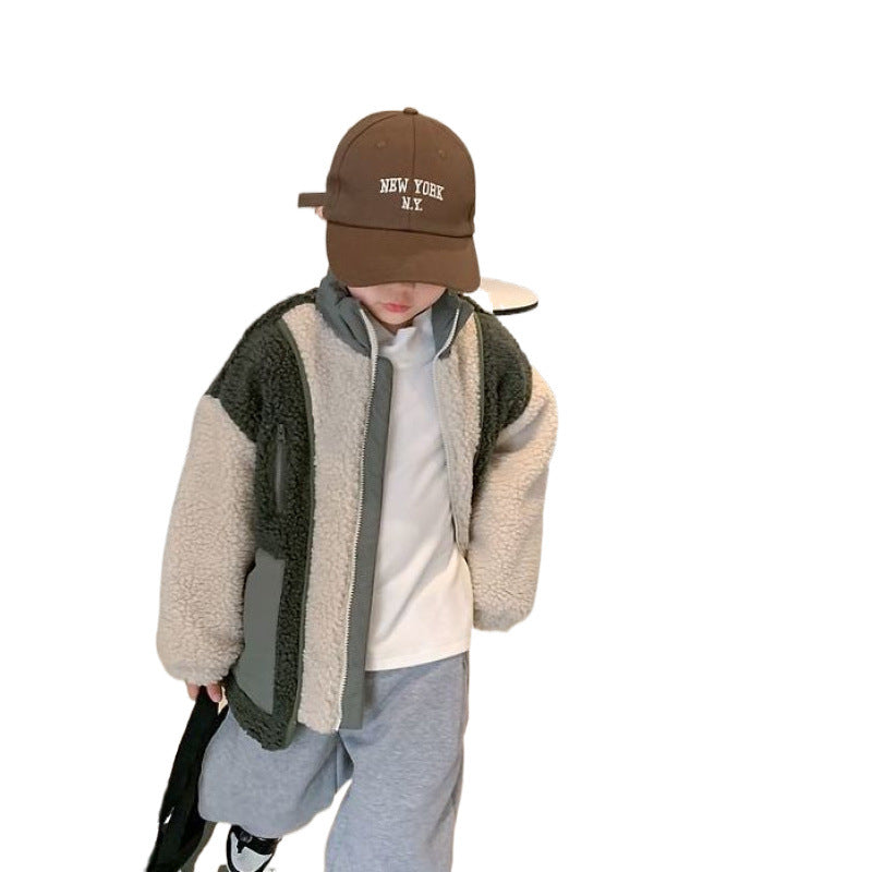 Lambswool Splicing Coat Coréen Style enfants chaud épais