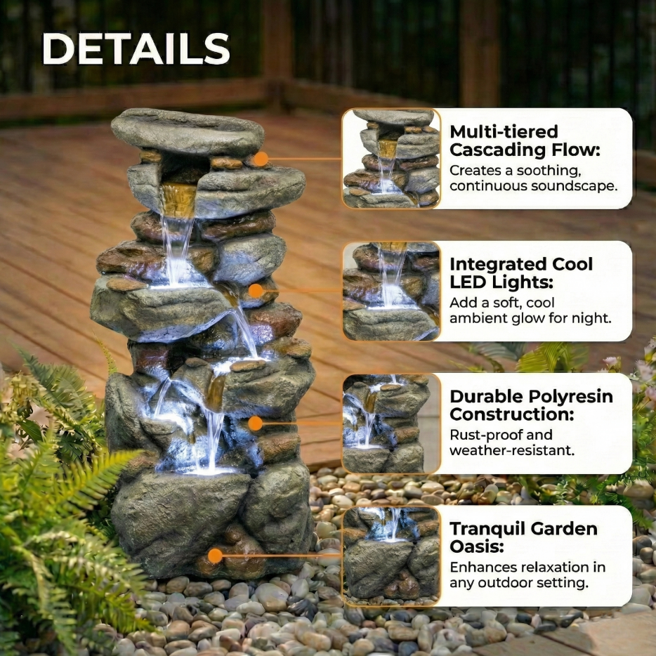 Fontaine d'eau extérieure Grande - Fontaines en pierre avec lumière LED pour jardin Patio Yard Backya
