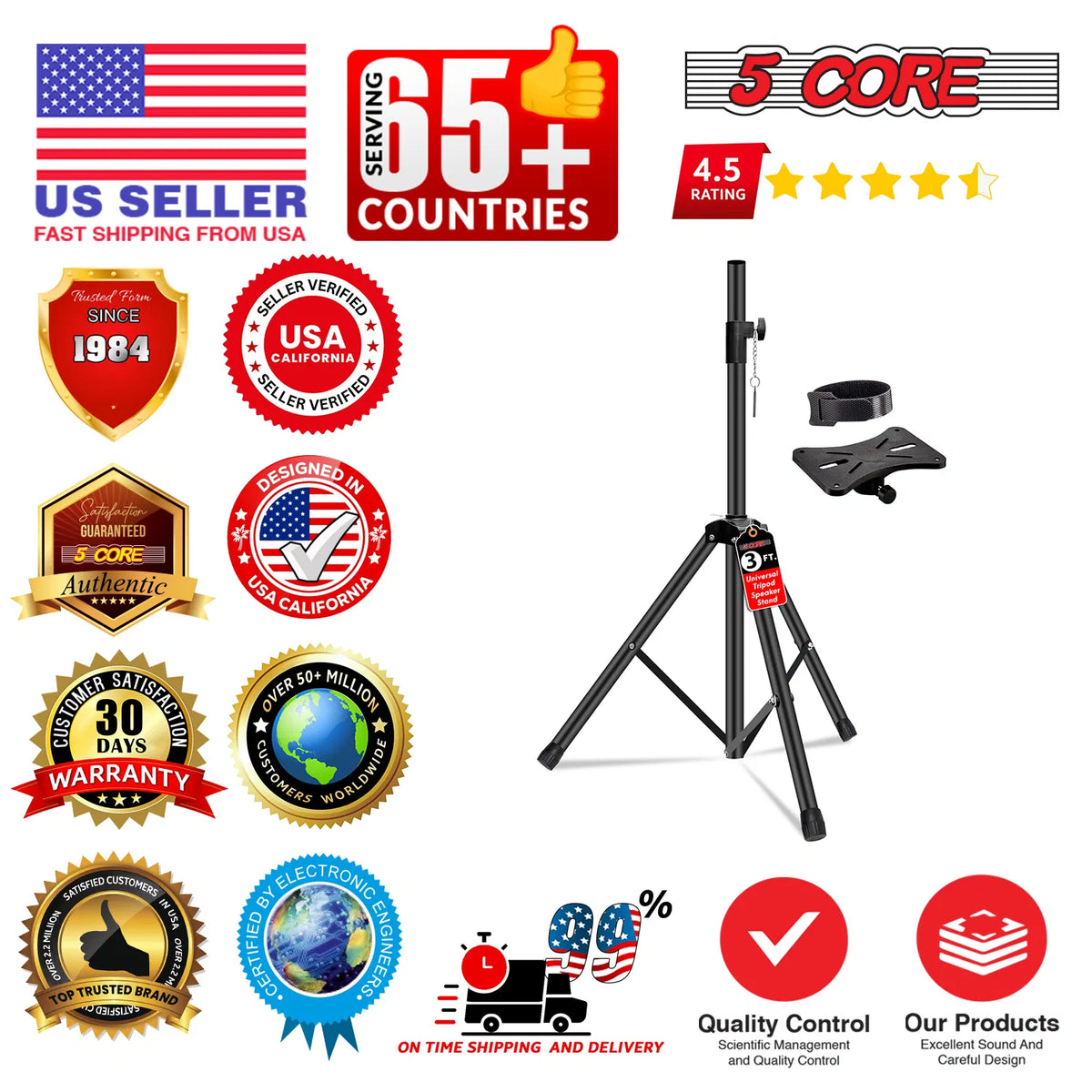 5 Core Speaker Stand Pair Hauteur réglable 3Ft PA DJ Tripod Studio Monitor Stands Heavy D