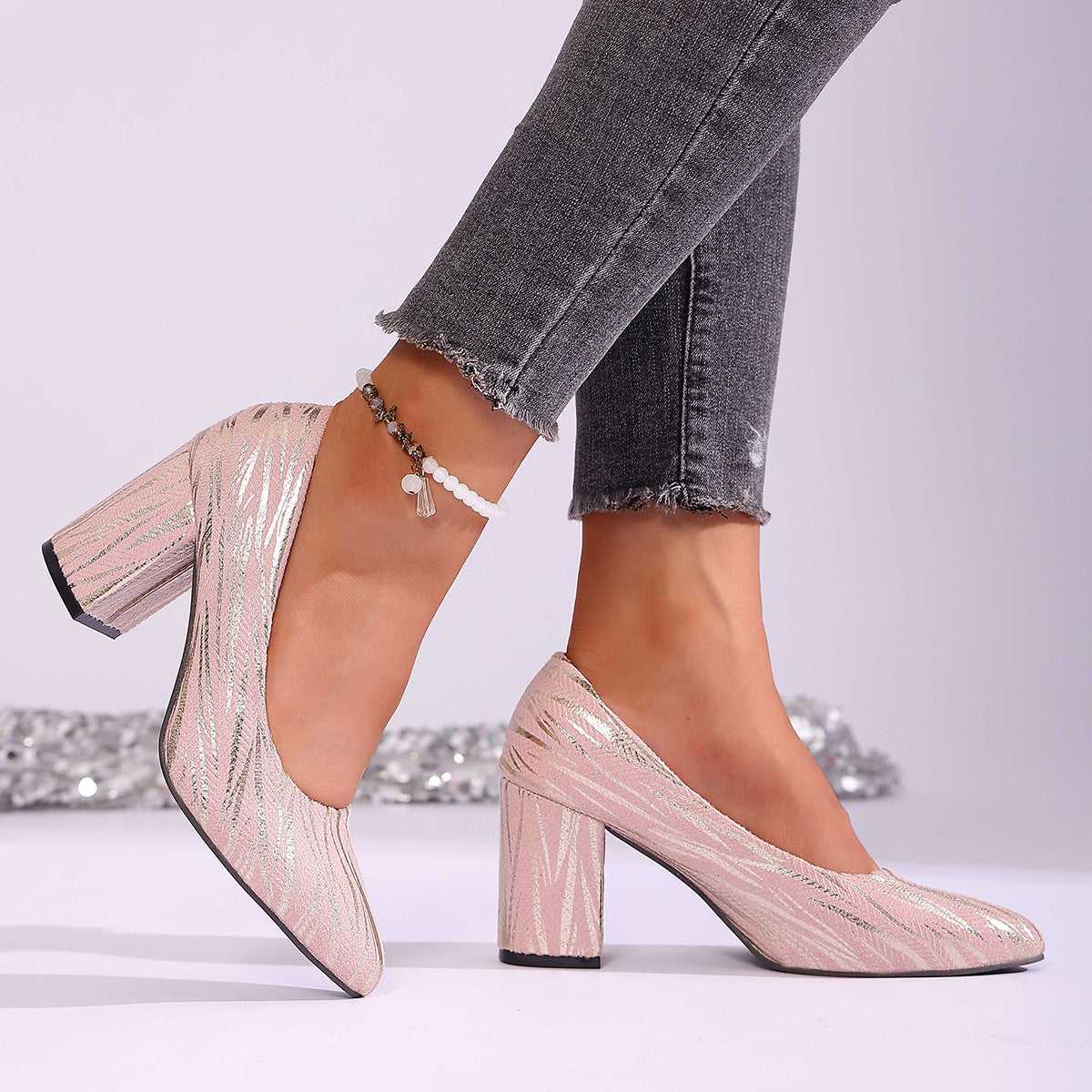 Les femmes pointu orteil Chunky talon slip-on Léopard Imprimer Rose Pompes à talons hauts
