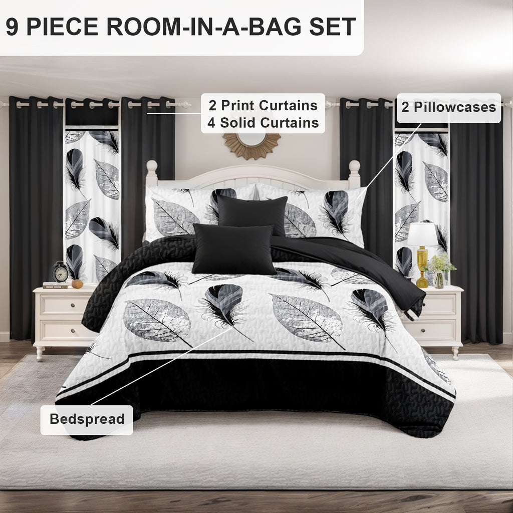 9-Piece noir et plume blanche couvre-lit et jeu de rideau