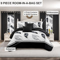 9-Piece noir et plume blanche couvre-lit et jeu de rideau