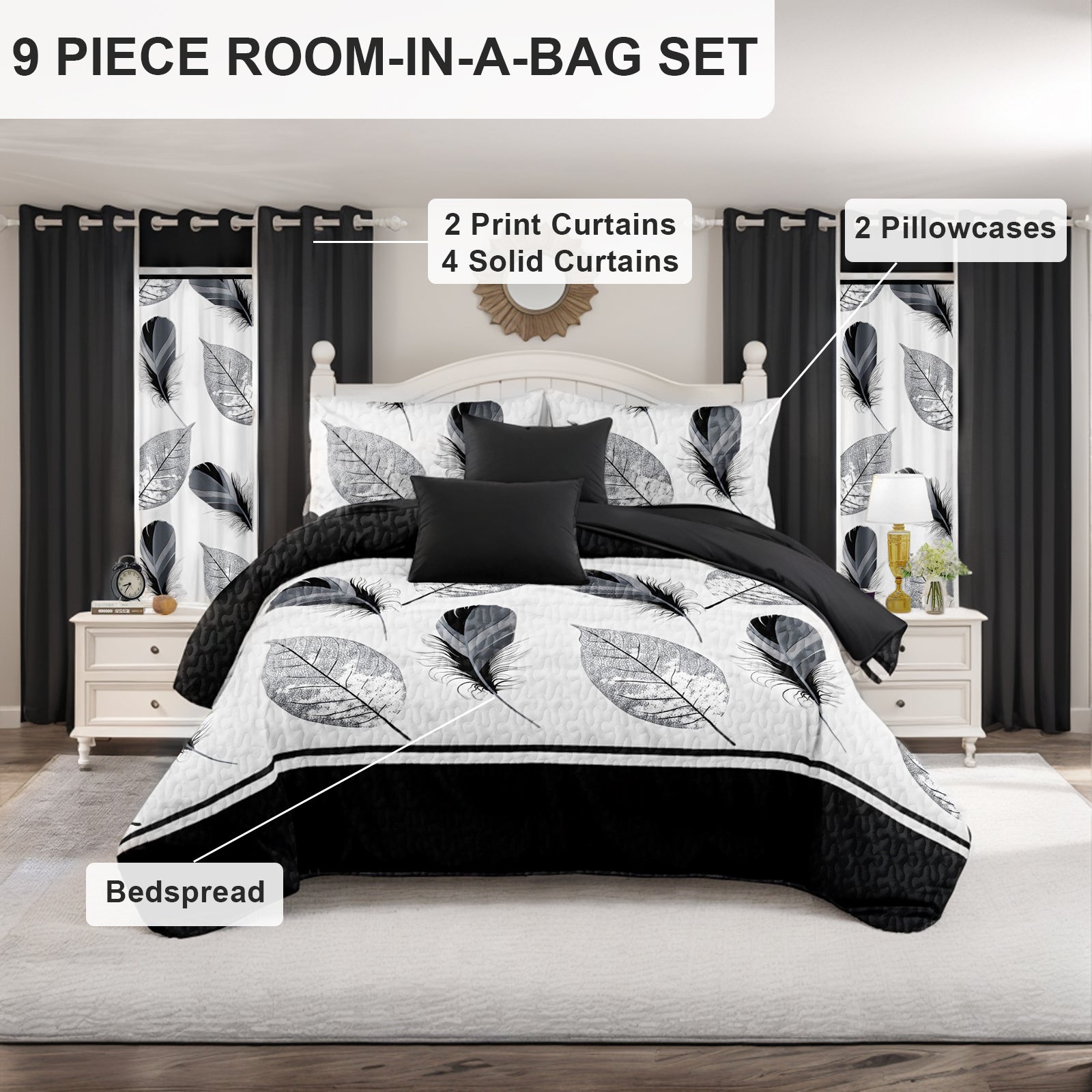 9-Piece noir et plume blanche couvre-lit et jeu de rideau