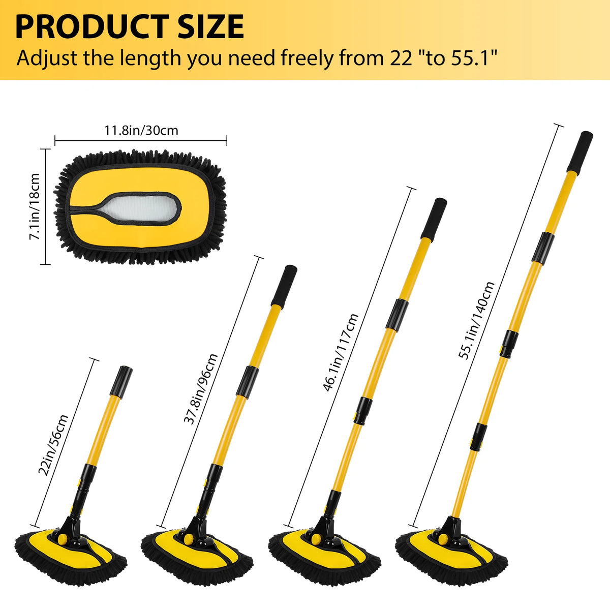 Car Wash Brush 15 Degree Adjustable Long Handle with 2 Microfiber Heads