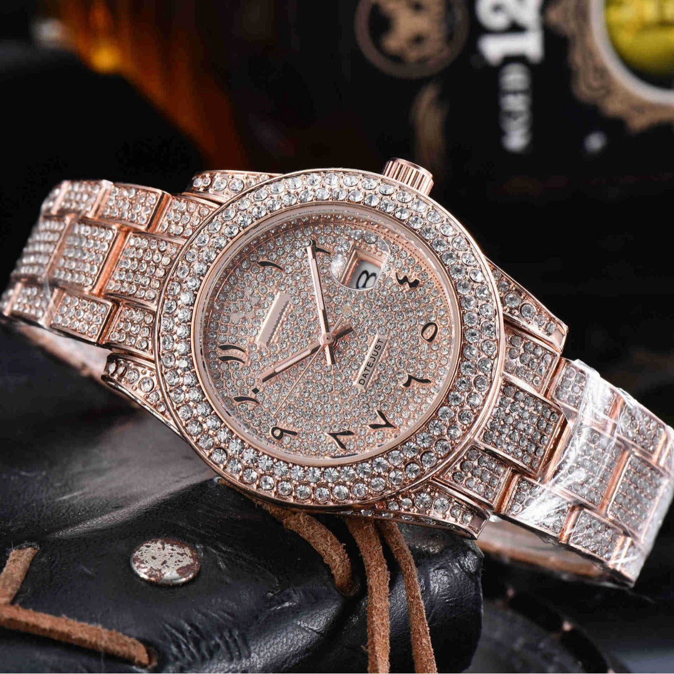 Montre Quartz en acier inoxydable tout diamant pour hommes
