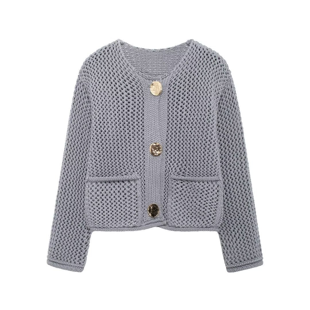 Veste à col rond à manches simples avec deux poches pour femmes