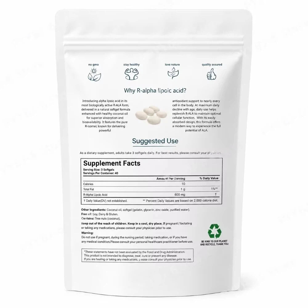 Alpha acide lipoïque 600mg softgels avec huile MCT Antioxydant complément alimentaire non OGM gluten