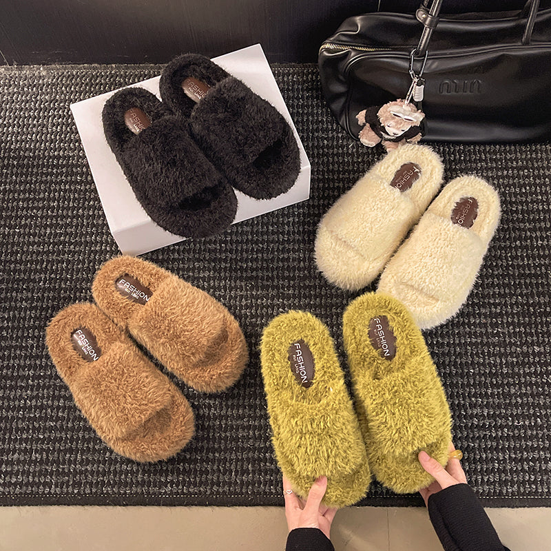 Plateforme Automne Hiver Coton Pantoufles Fuzzy Pantoufles Femmes Outdoor Vintage Fashion Furry
