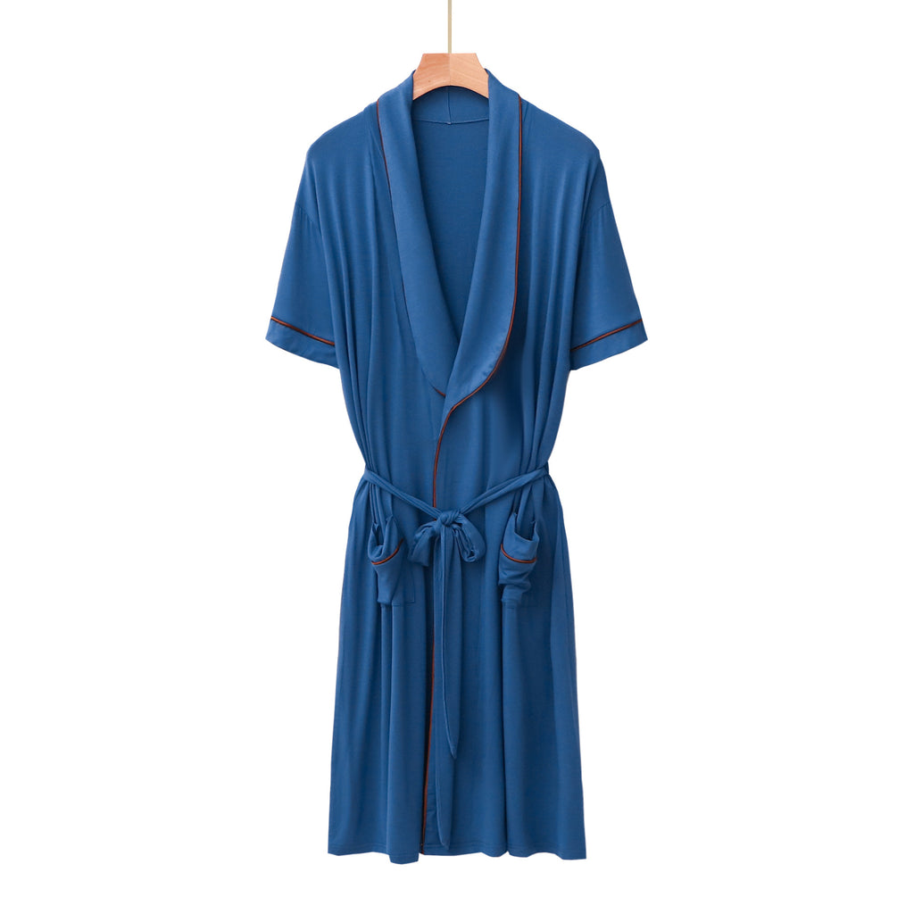 Men's Mandarin Collar Short-Sleeved Pajama Robe with Belt, Mid-Length
