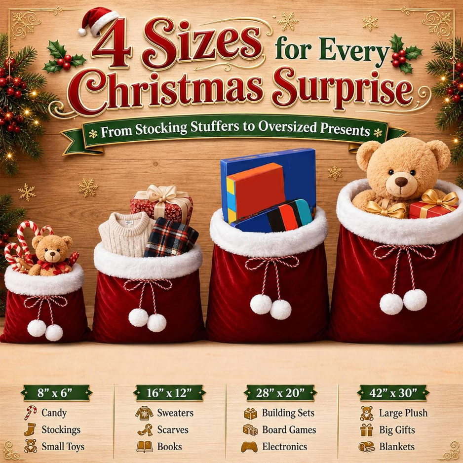 4 Pcs de Noël Grands Sacs Cadeaux Santa Sacs à Velours Drawstring