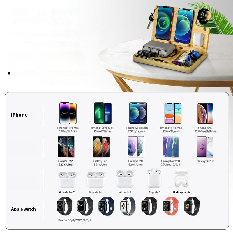Support multifonctionnel de chargeur sans fil en bambou