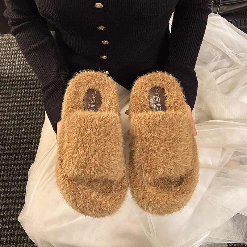 Plateforme Automne Hiver Coton Pantoufles Fuzzy Pantoufles Femmes Outdoor Vintage Fashion Furry