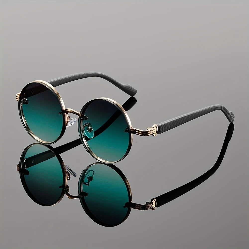 Lunettes de soleil vintage à cadre rond pour femmes Style de punk en métal avec des temples en grain de bois élégant et