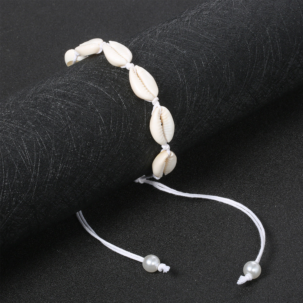 Bracelet de cheville blanc perle tissé à la main de style plage 8-shell