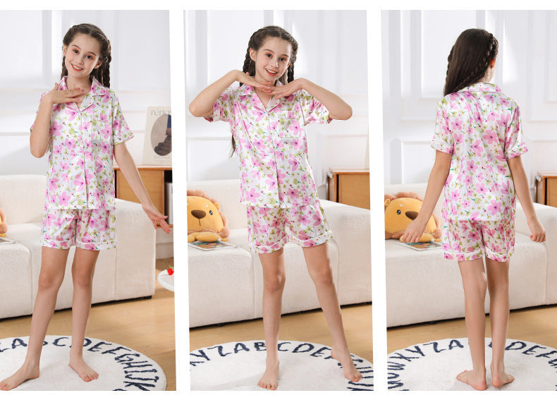 Pyjama de filles Pyjama mince de glace en soie pour enfants Short à manches courtes été