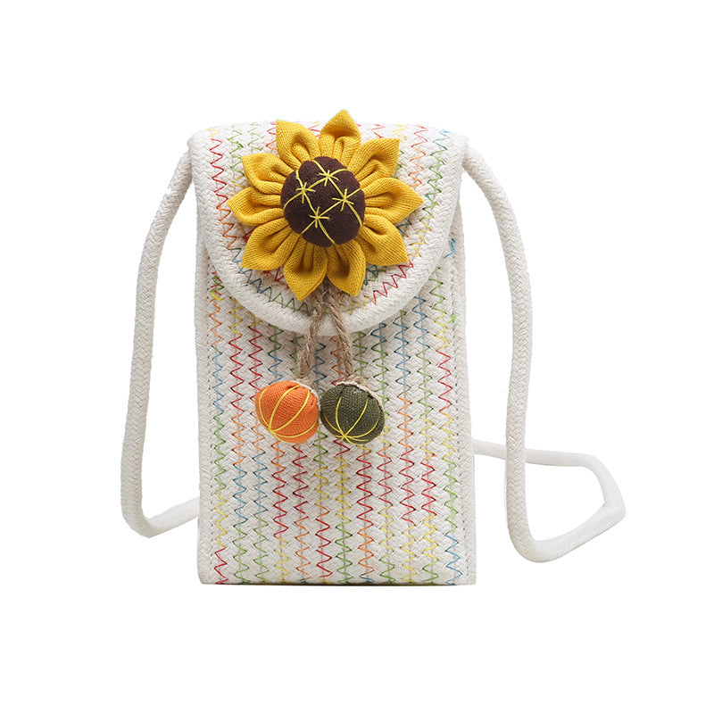 Été Cotton Rope Woven Phone Bag avec le design floral mono-épaule style