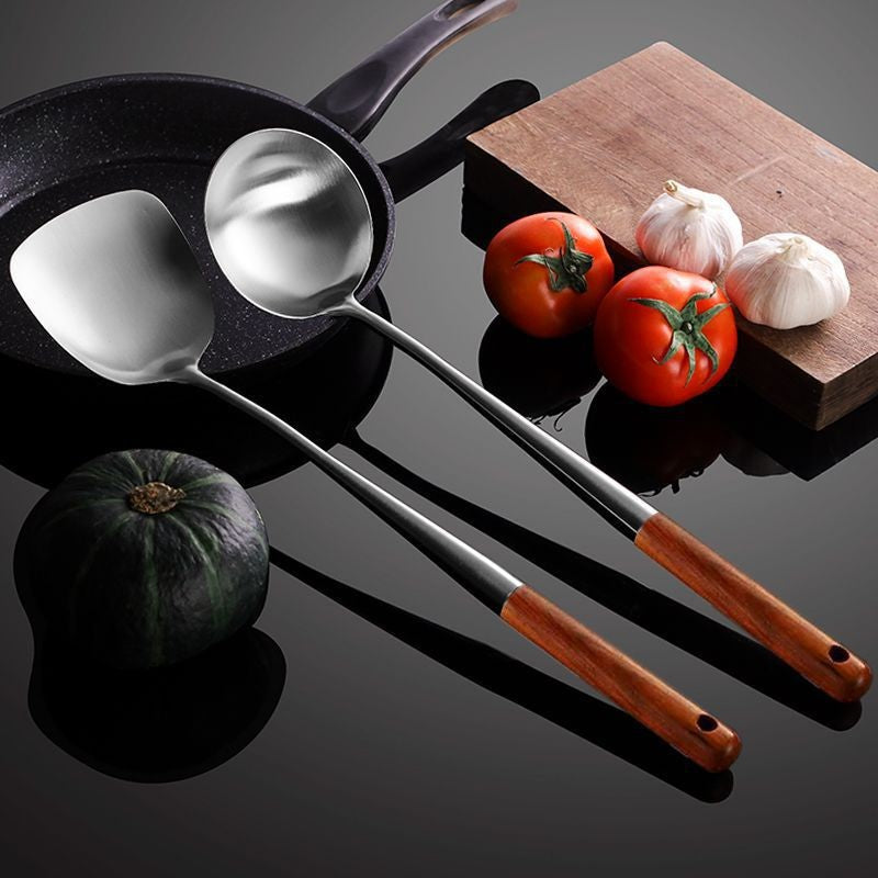 3PCS Wok Spatule & Louche Skimmer Louche Outil 17pouces en acier inoxydable Wok Spatule