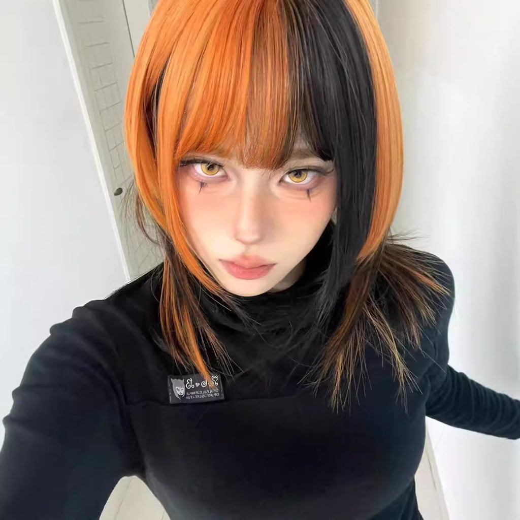 Femmes Noir et sale Orange Ombre Longueur-clavicule Y2K Perruque Cap