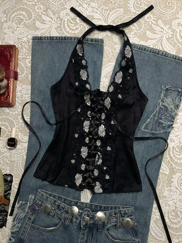 Retro Strap Halter Top Sexy et figurative pour les femmes