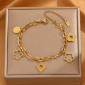 Femmes Multi Bracelet de Charme Fleur de Clover Hollow chanceux gravé Tag Paperclip Chaîne Or Si