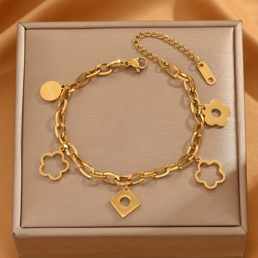 Femmes Multi Bracelet de Charme Fleur de Clover Hollow chanceux gravé Tag Paperclip Chaîne Or Si