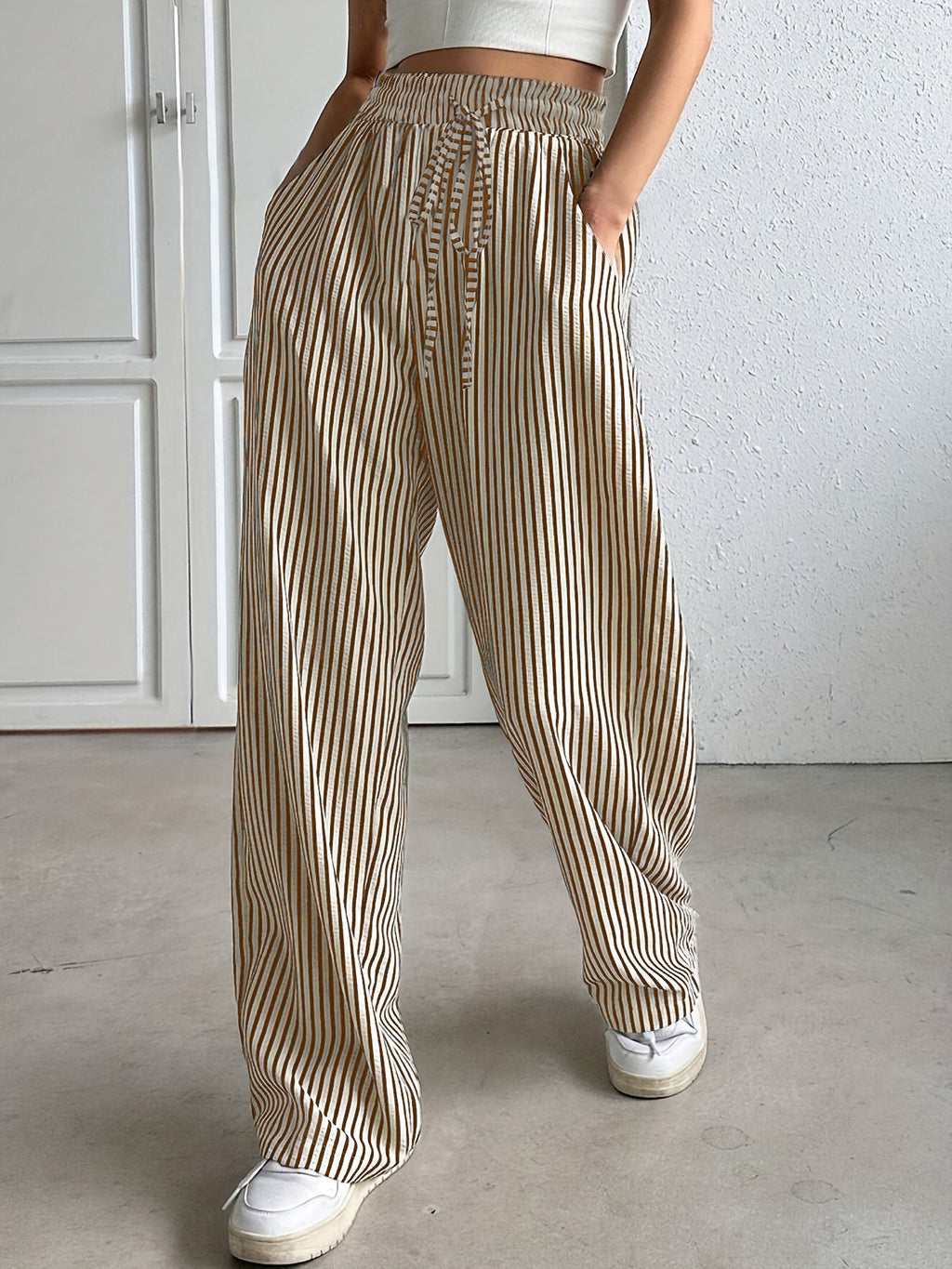 Femmes Haute taille rayée large pantalons de jambe élastique cordon de serrage libre ajustement Casual droit long