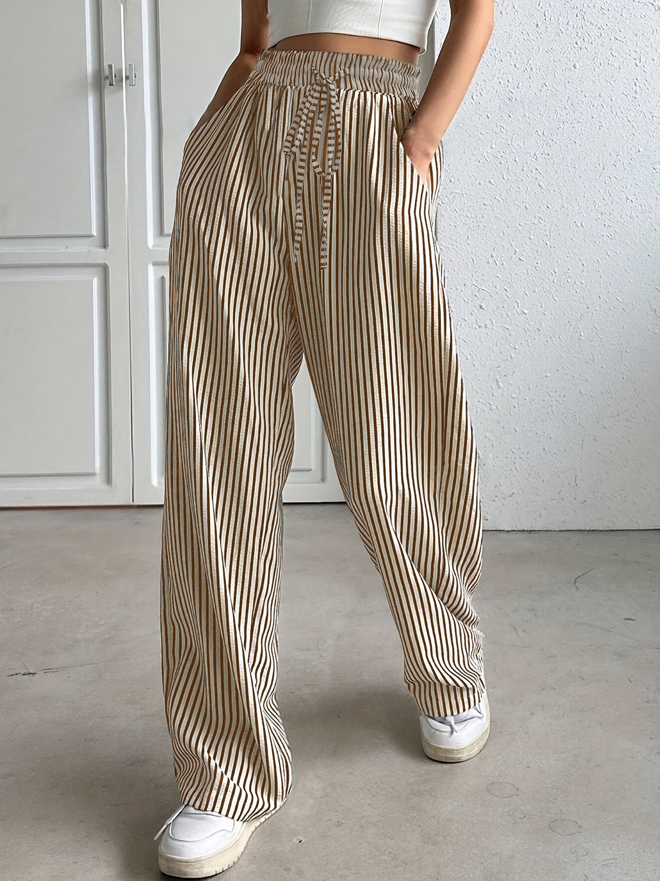 Femmes Haute taille rayée large pantalons de jambe élastique cordon de serrage libre ajustement Casual droit long