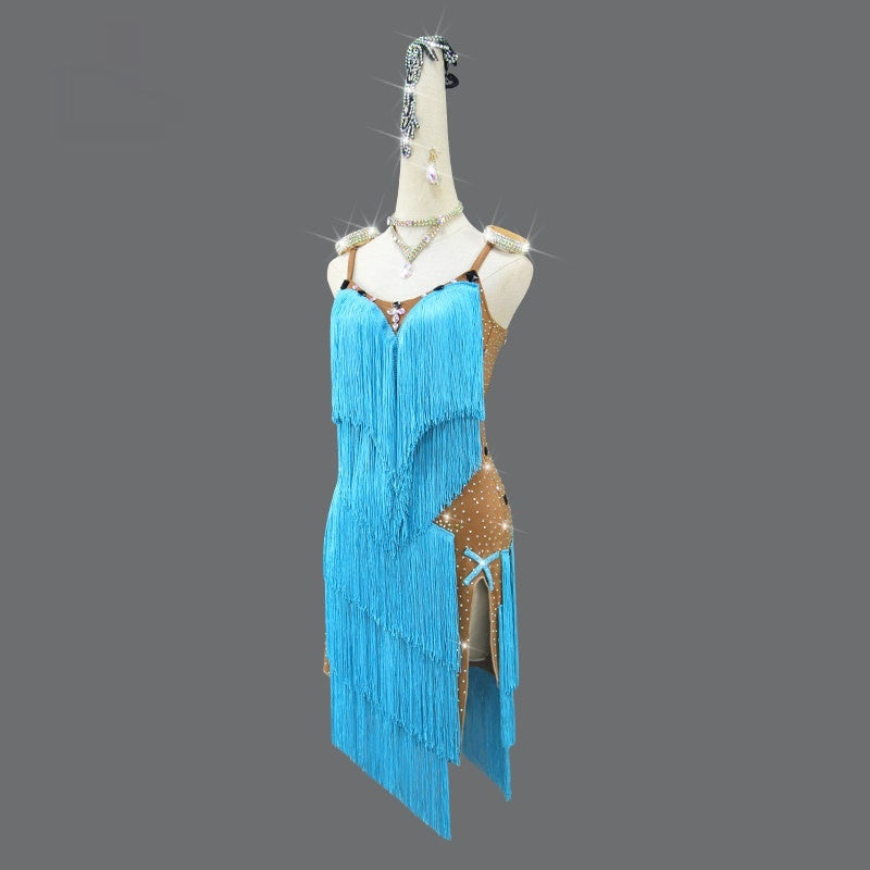 Robe fringée haut de gamme pour les concours professionnels de danse latine en bleu
