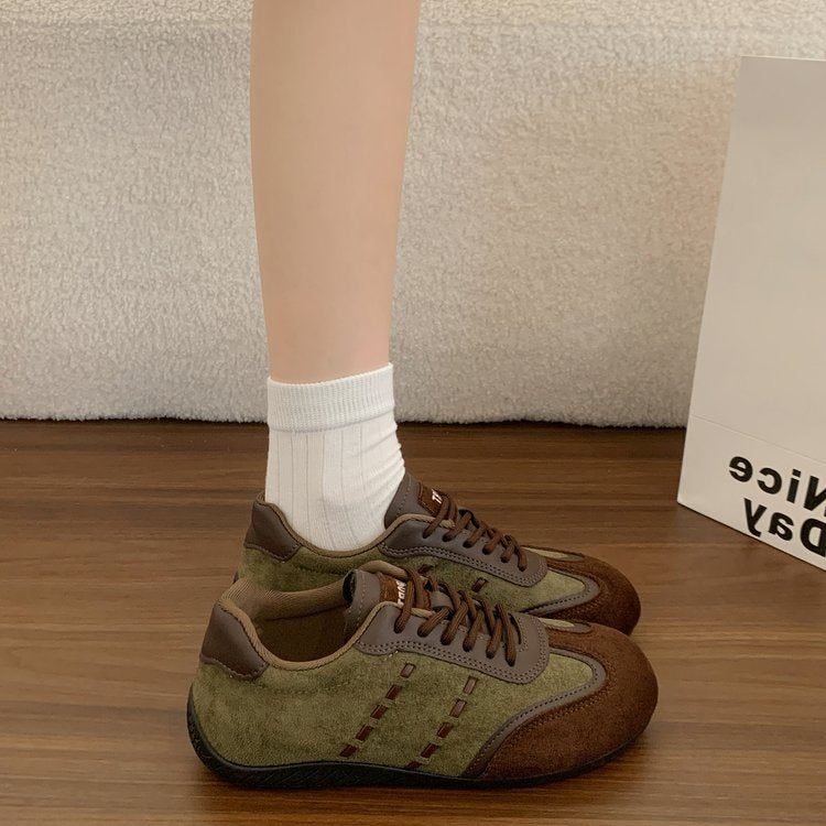 Femmes Retro Suede Mix Sneakers Color Block Pitching Détail Bas Top Dentelle Up Flat Trainers