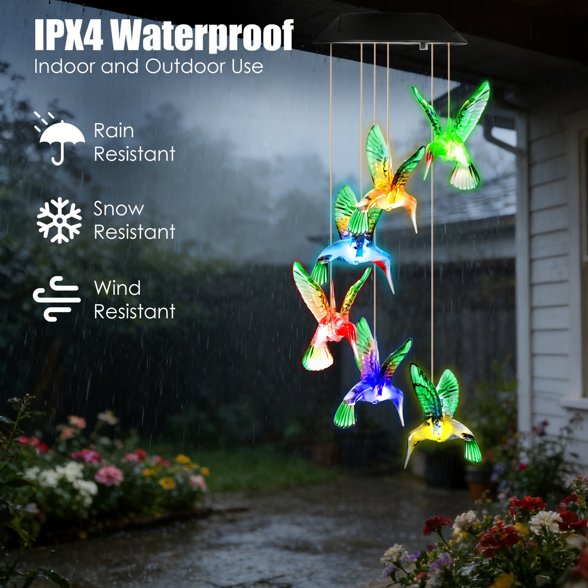 2Pcs Solar Hummingbird Wind Chime 7-Color Changing Wind Chime for Outdoor IPX4 Waterproof