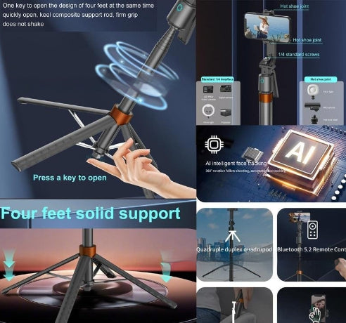 Smart AI Selfie Stabiliseur 3 axes Gimbal - Mont trépied extensible réglable f
