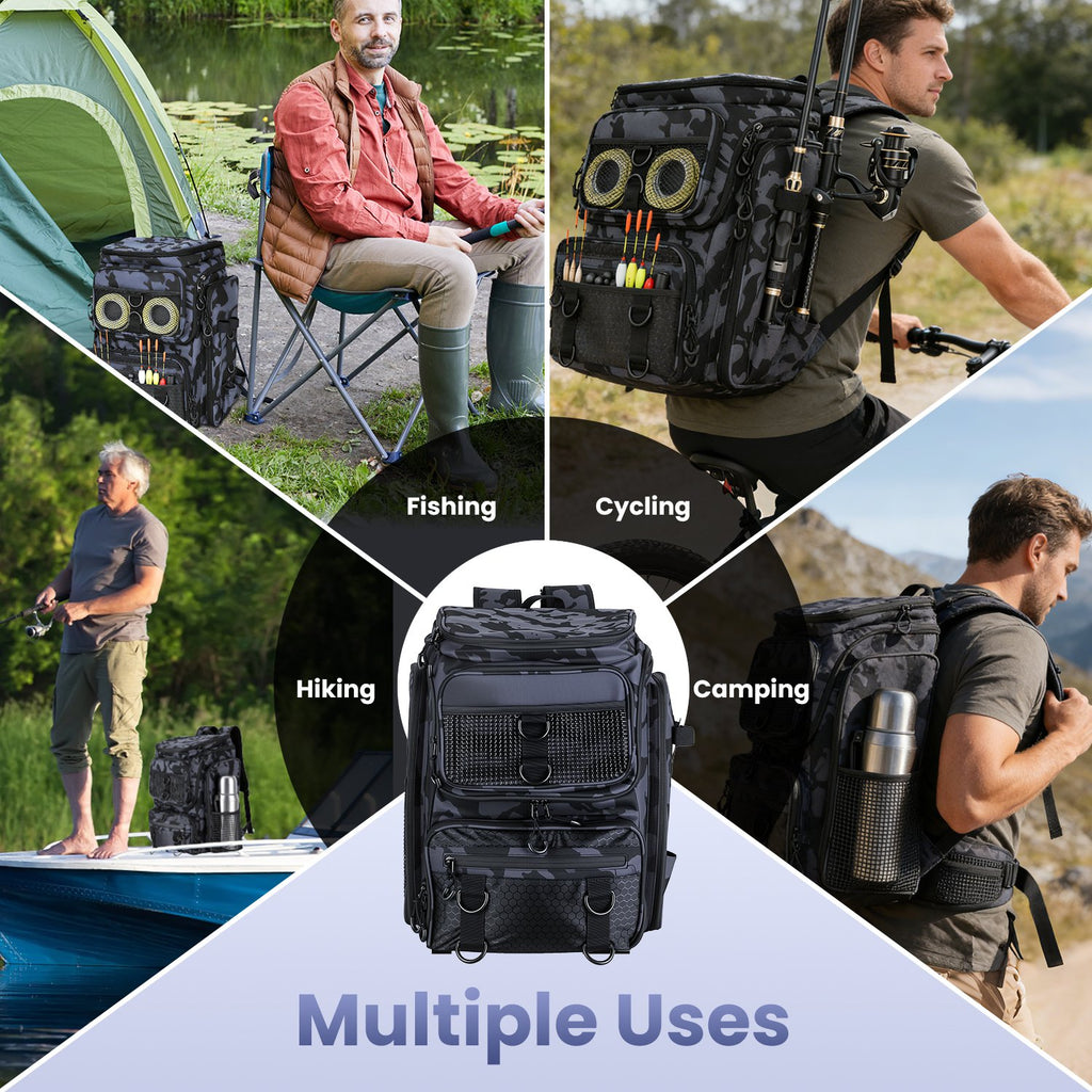 42L 11Gal sac à dos de pêche grande capacité de pêche sac de rangement avec porte-rodes 16 P