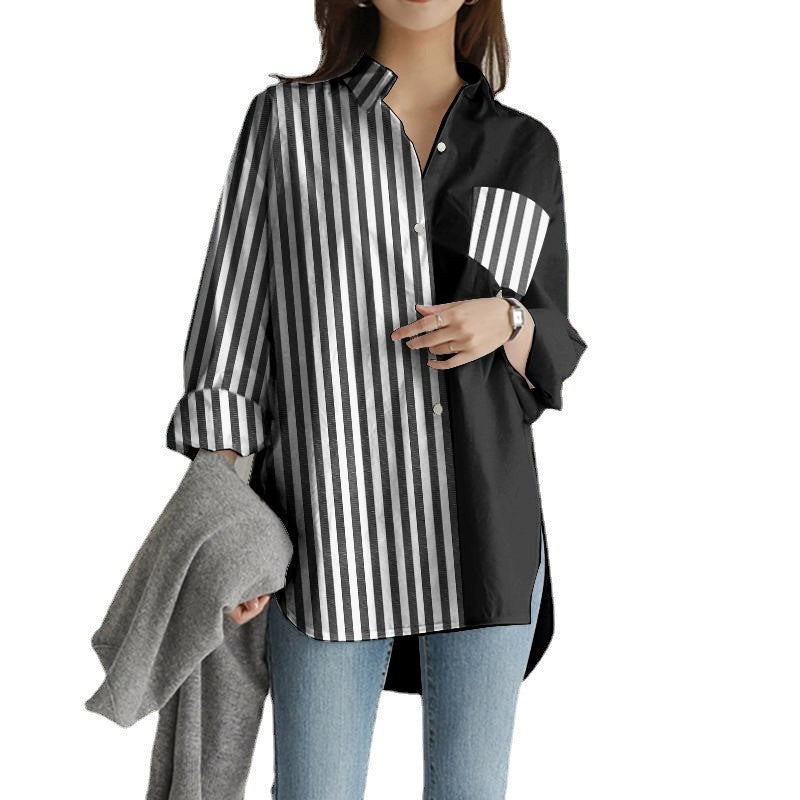 Femmes Lapel Patchwork Casual Shirt