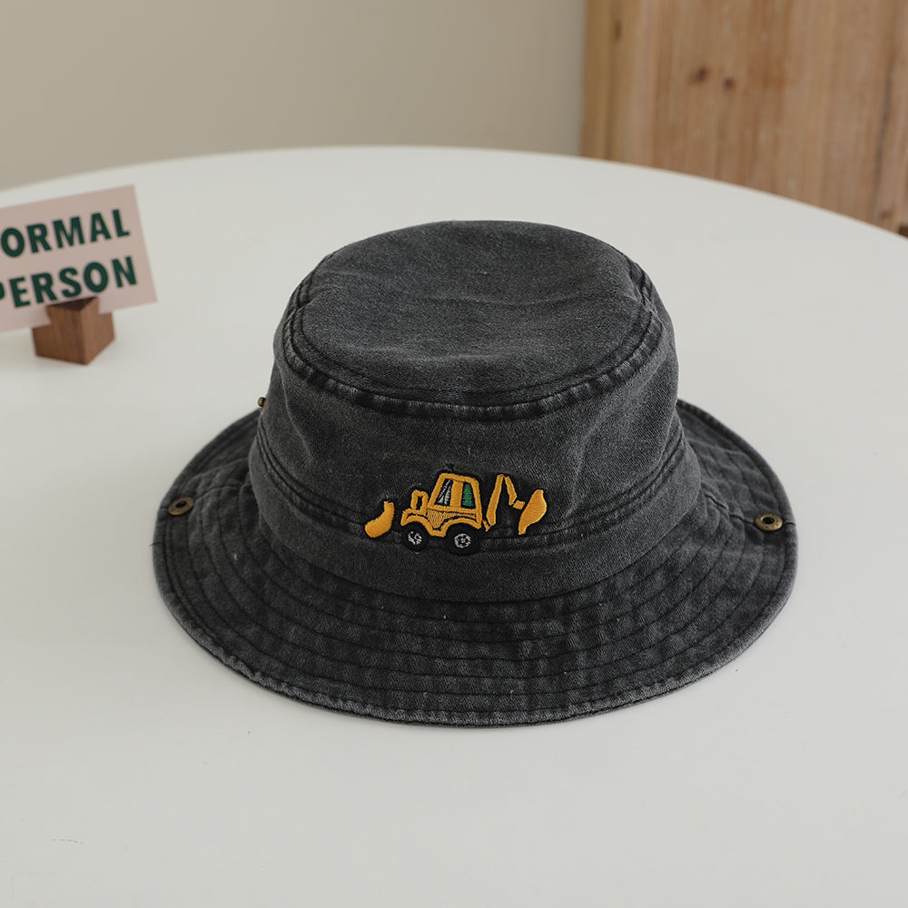 Chapeau à franges pour mini-excavateur brodé de dessin animé pour enfants avec corde et bord réglable