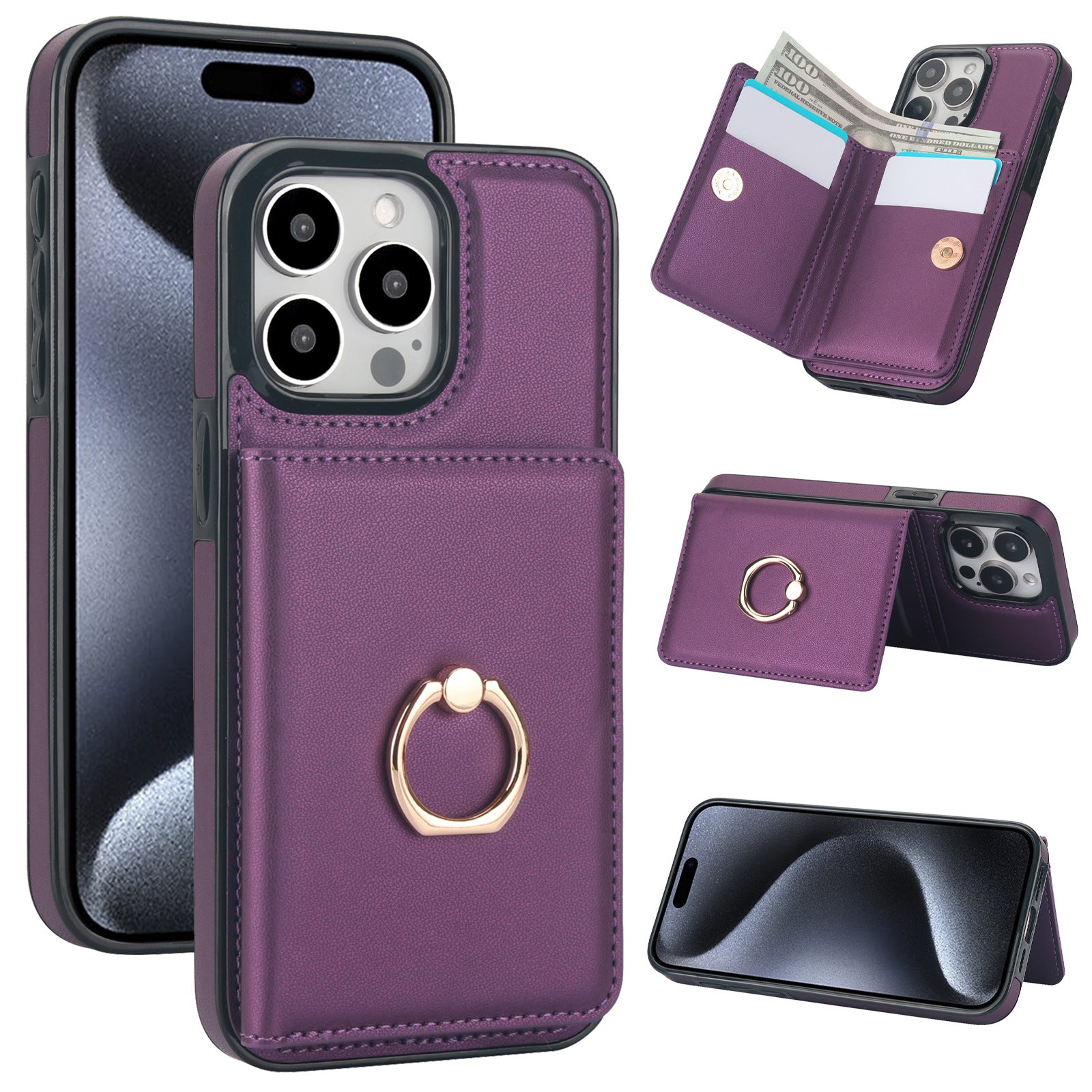 Coque téléphonique avec un support de carte Flip adapté à l'utilisation avec un support de bague