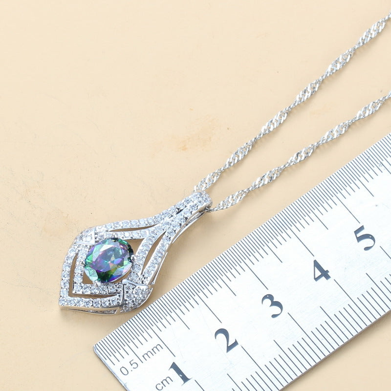 Boucles d'oreilles pendentif en pierre gemme incrustées Collier et anneau pour femmes 4 PCs Set