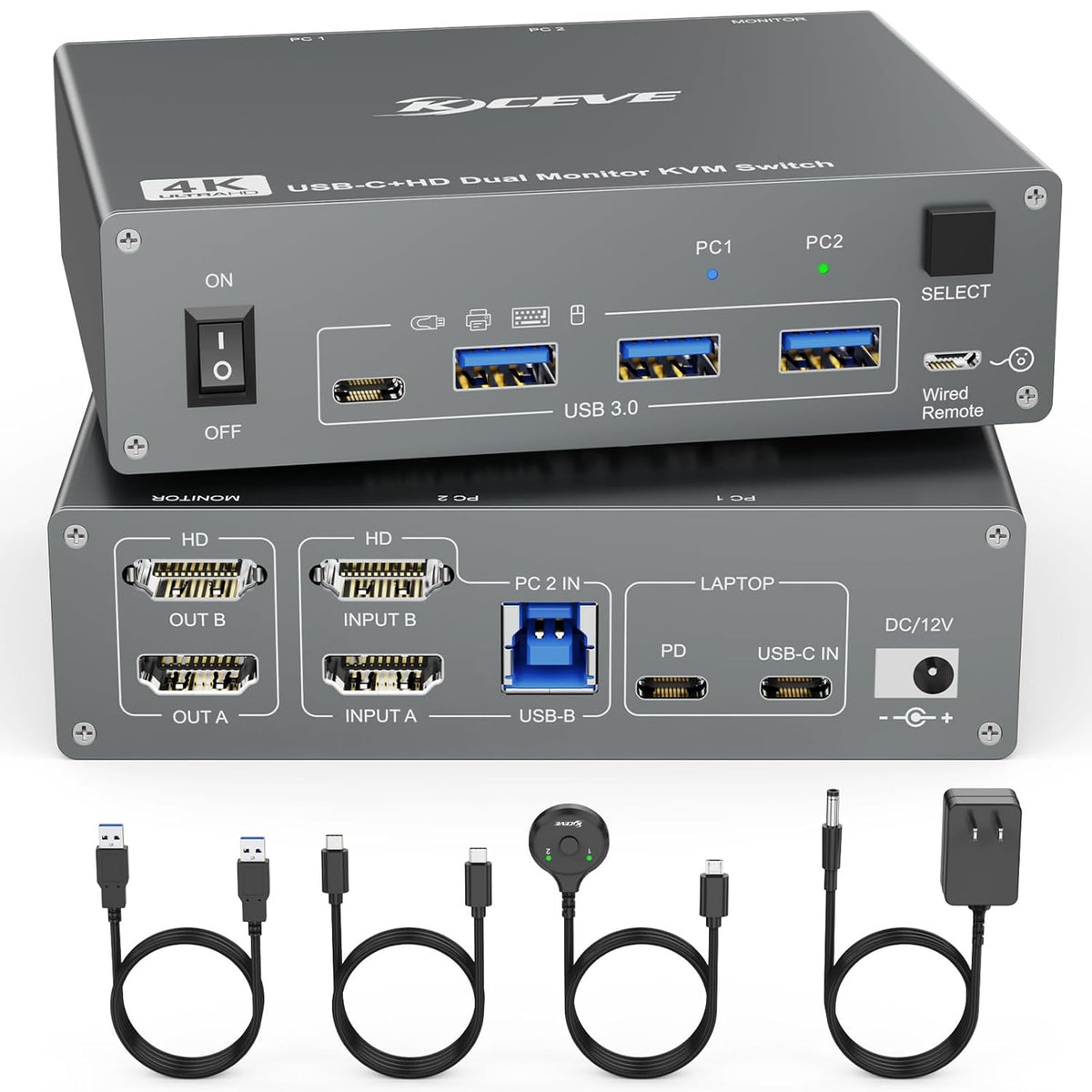 2-Monitor 2-Computer USB Dual-Monitor USB 3.0 USB Type-C KVM Switch